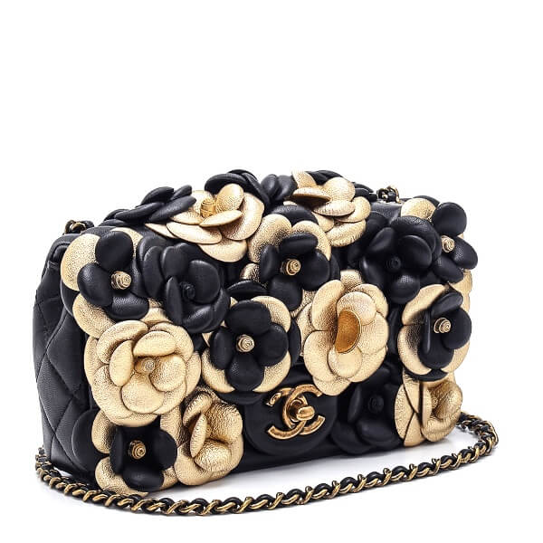 Chanel - Black / Gold Camellia Mini Classic Single Flap Bag